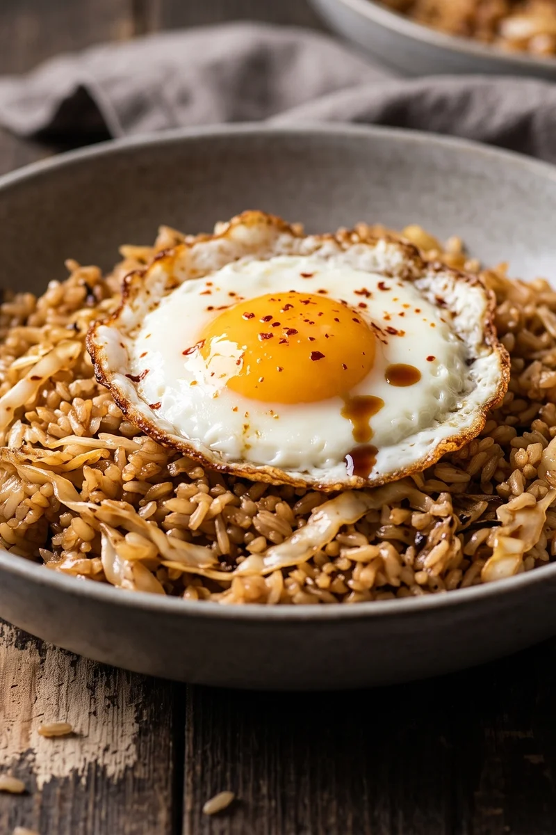 Kimchi-Style Fried Rice Bowls with Fried Egg - Tangy quick-cabbage fried rice under a crispy fried egg