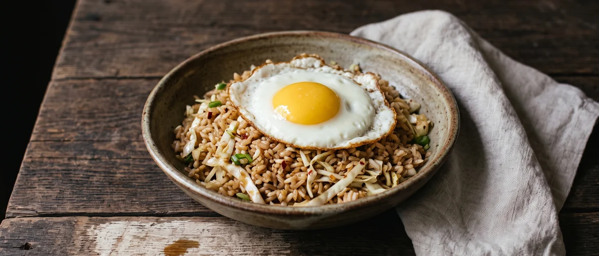Kimchi-Style Fried Rice Bowls with Fried Egg - Tangy quick-cabbage fried rice under a crispy fried egg
