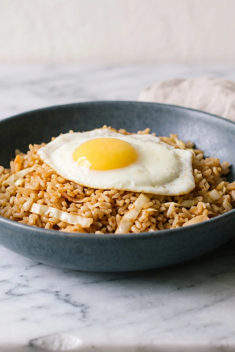 Kimchi-Style Fried Rice with Egg - Day-old rice fried with cabbage kimchi flavors