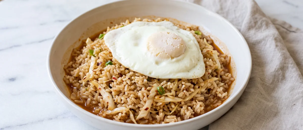 Kimchi-Style Fried Rice with Egg - Day-old rice fried with cabbage kimchi flavors and topped with a fully-set fried egg. Weeknight rescue food.
