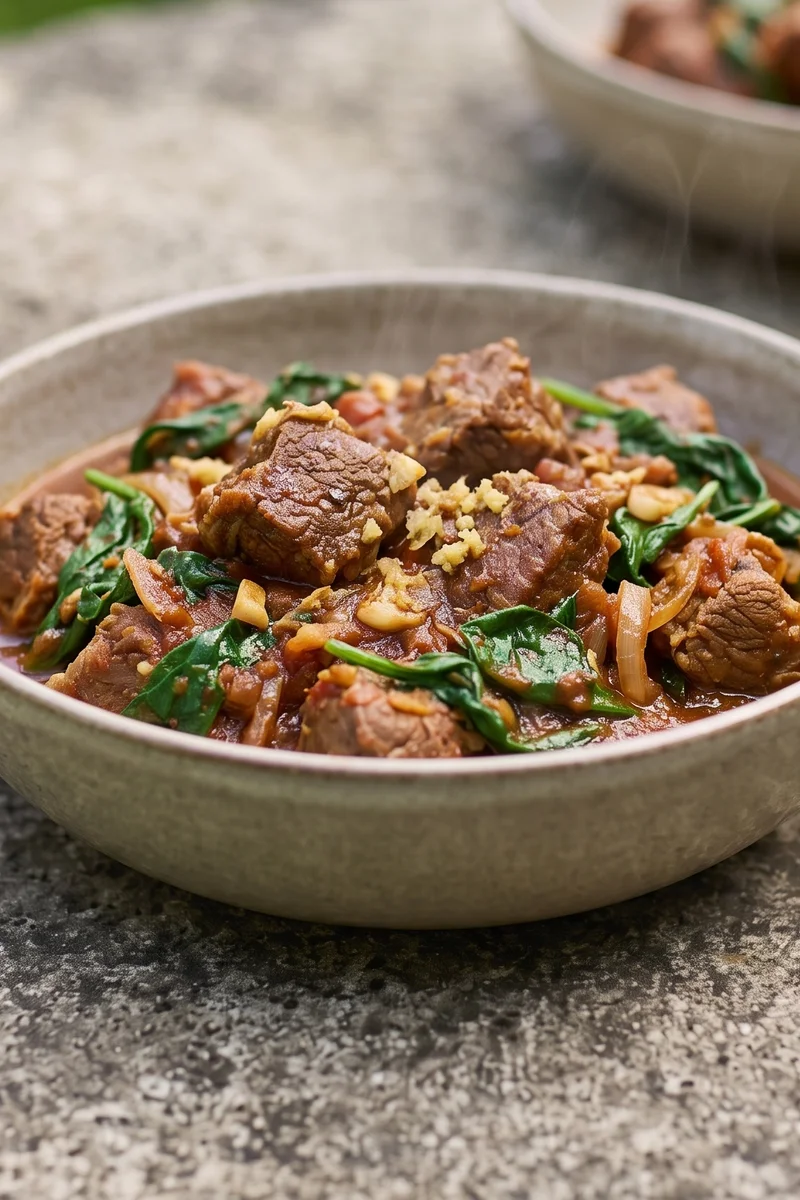 Lamb & Spinach Curry with Basmati - Slow-simmered lamb in a spiced tomato gravy with spinach folded through