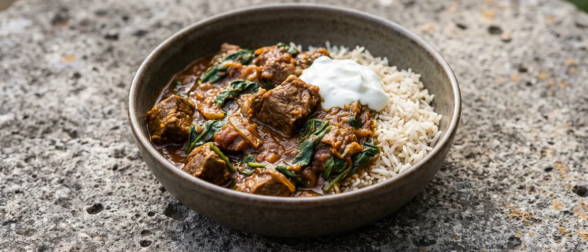 Lamb & Spinach Curry with Basmati - Slow-simmered lamb in a spiced tomato gravy with spinach folded through