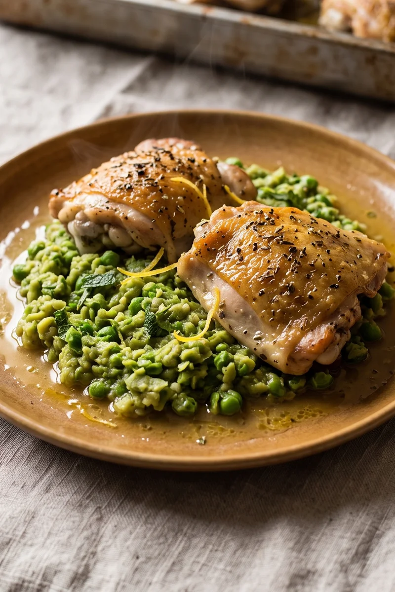 Lemon & Herb Roast Chicken Thighs with Smashed Peas - Crisp roasted chicken thighs over minted smashed peas with lemony pan juices