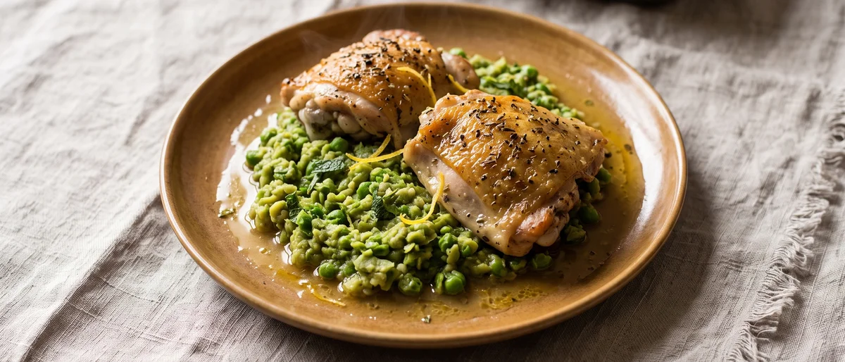 Lemon & Herb Roast Chicken Thighs with Smashed Peas - Crisp roasted chicken thighs over minted smashed peas with lemony pan juices