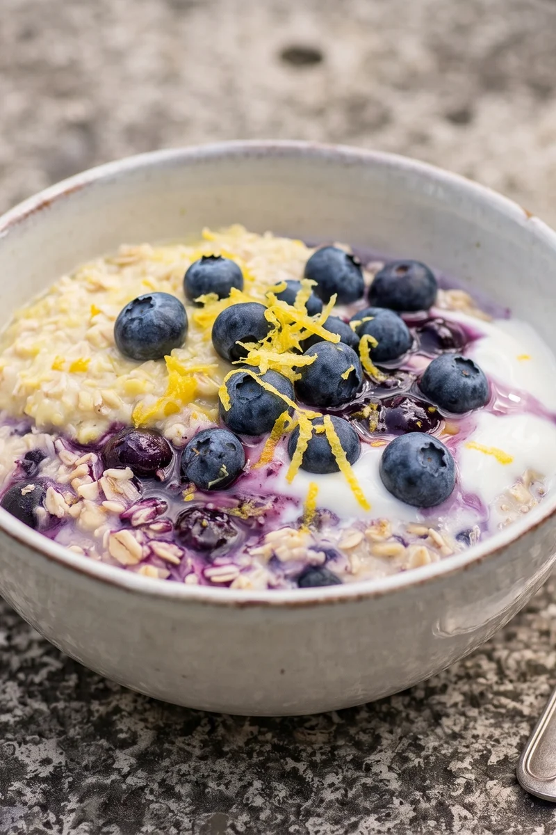 Lemon Blueberry Overnight Oat Jars - Bright lemon-zested overnight oats layered with smashed blueberries and yogurt