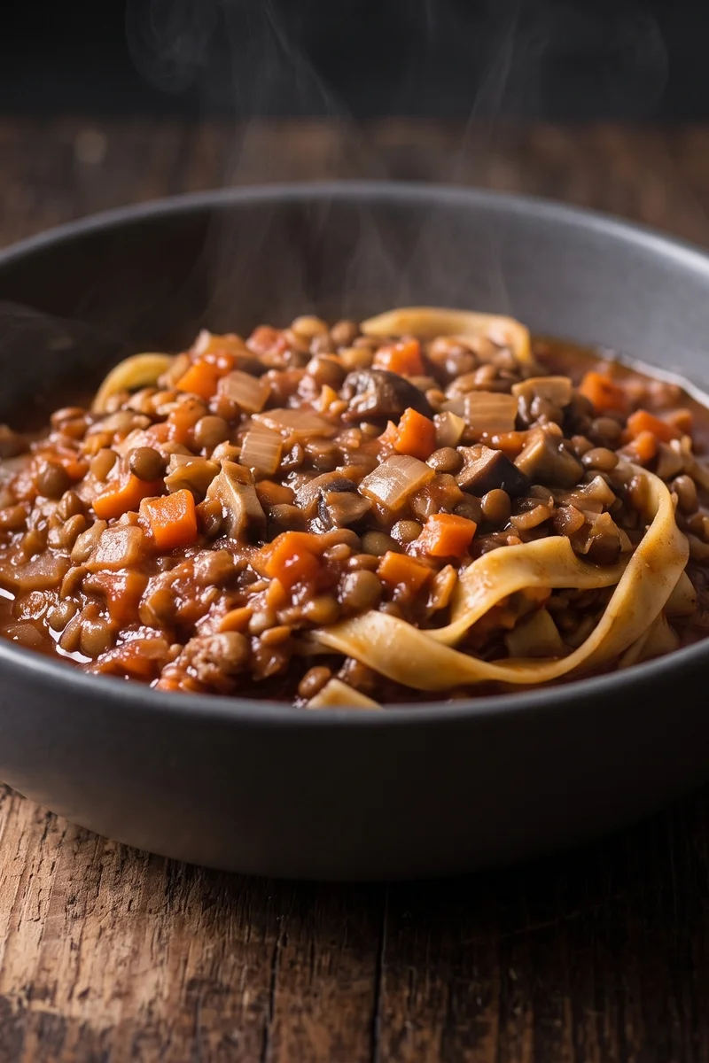 Lentil & Mushroom Ragu with Tagliatelle - A deep, slow-simmered lentil and mushroom ragu that eats like the meat version