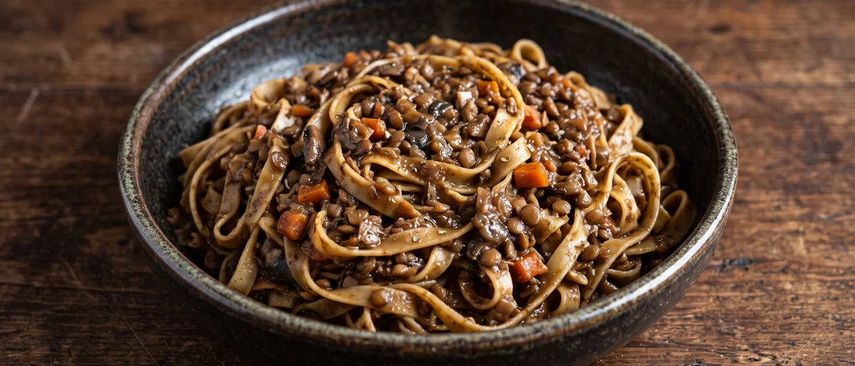 Lentil & Mushroom Ragu with Tagliatelle - A deep, slow-simmered lentil and mushroom ragu that eats like the meat version