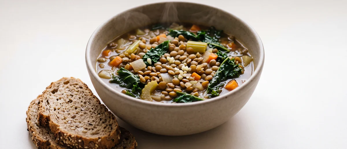 Lentil & Vegetable Soup with Whole-Grain Bread - A big pot of folate and iron that reheats all week