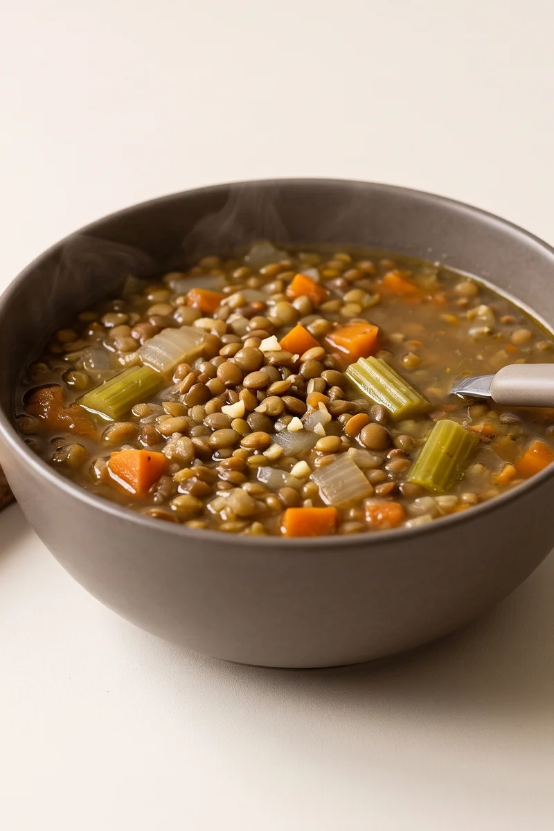 Lentil & Vegetable Soup with Wholegrain Bread - A big pot of folate and iron that reheats all week