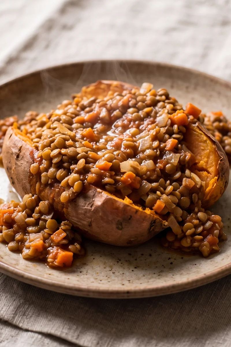 Lentil Bolognese-Loaded Sweet Potatoes - Baked sweet potatoes split over a rich lentil ragu