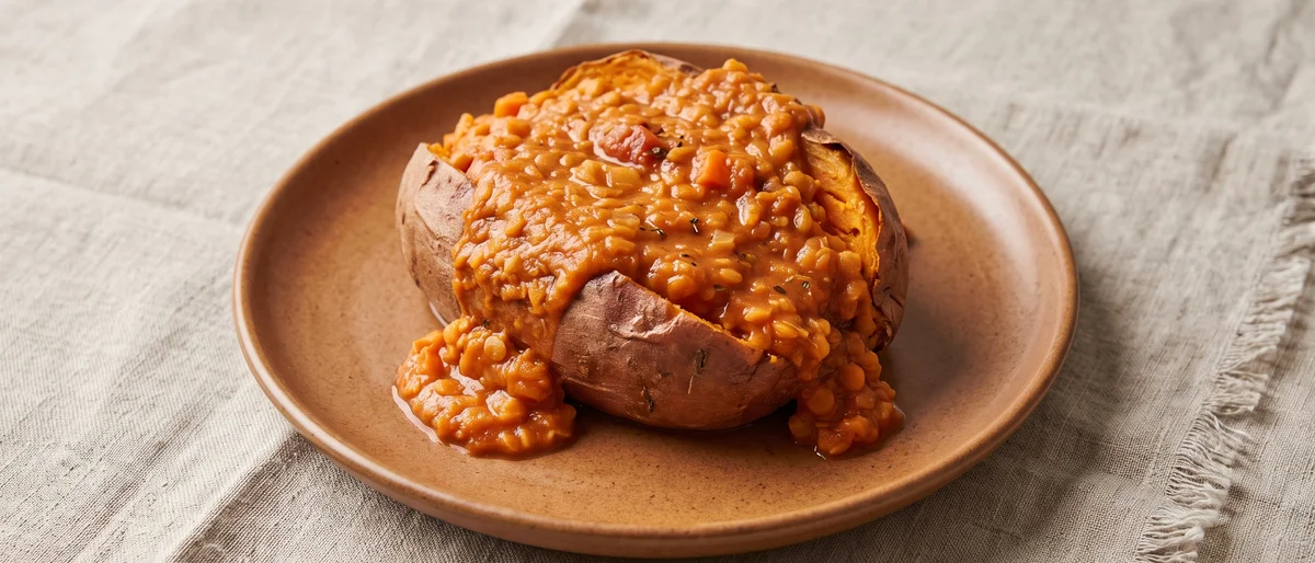 Lentil Bolognese-Loaded Sweet Potatoes - Baked sweet potatoes split over a rich lentil ragu