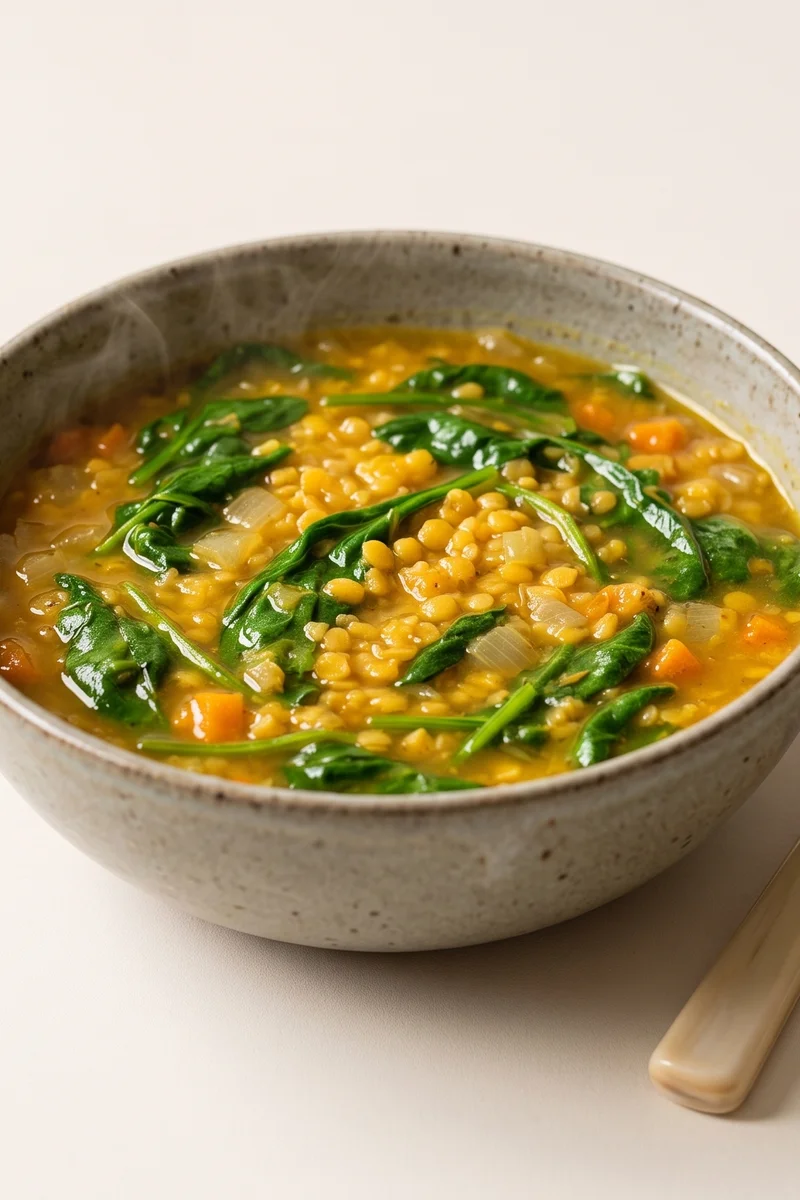 Lentil, Spinach & Lemon Soup - A bright red-lentil soup finished with lemon and a tangle of spinach