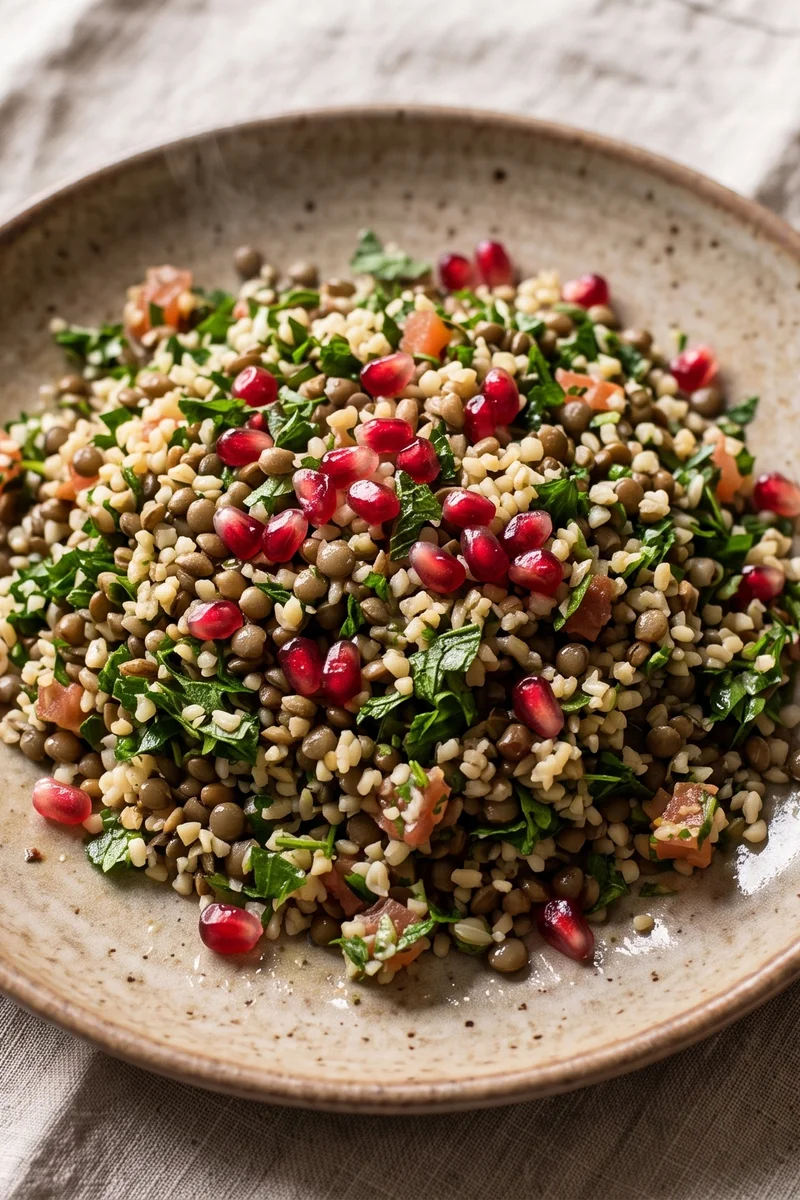 Lentil Tabbouleh with Pomegranate - A parsley-heavy tabbouleh where lentils join the bulgur, with pomegranate seeds for sparkle