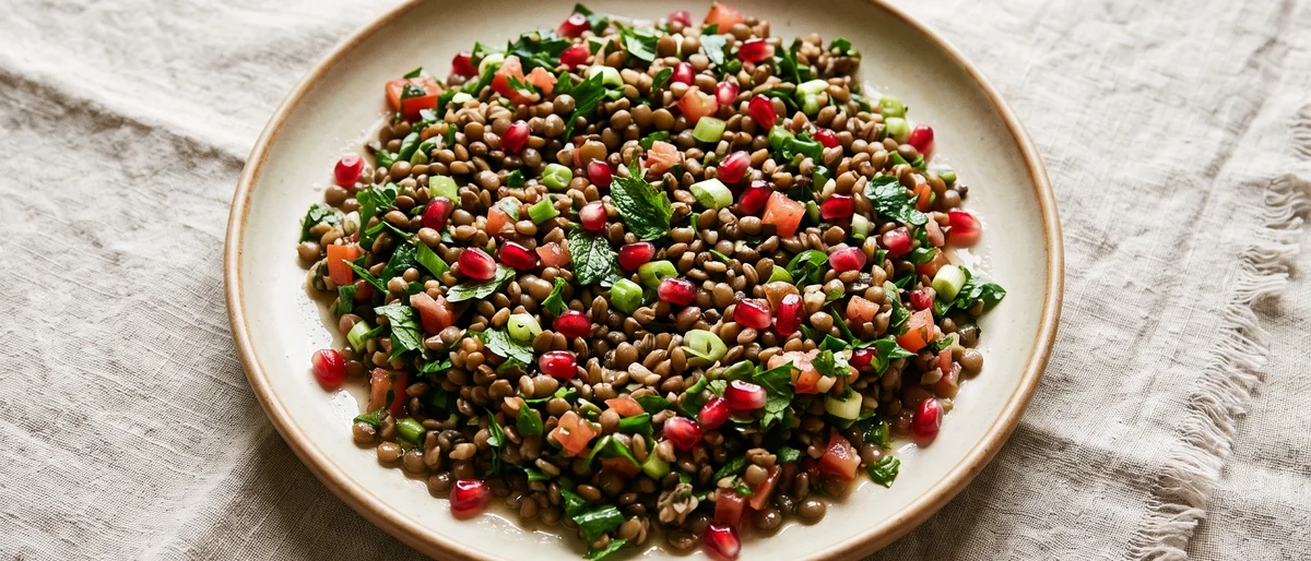 Lentil Tabbouleh with Pomegranate - A parsley-heavy tabbouleh where lentils join the bulgur, with pomegranate seeds for sparkle