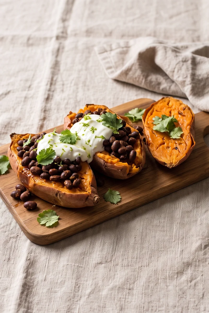 Loaded Baked Sweet Potatoes with Black Beans & Lime Yogurt - Caramel-soft baked sweet potatoes split over spiced black beans with lime yogurt and cilantro