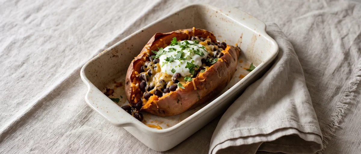 Loaded Baked Sweet Potatoes with Black Beans & Lime Yogurt - Caramel-soft baked sweet potatoes split over spiced black beans with lime yogurt and cilantro