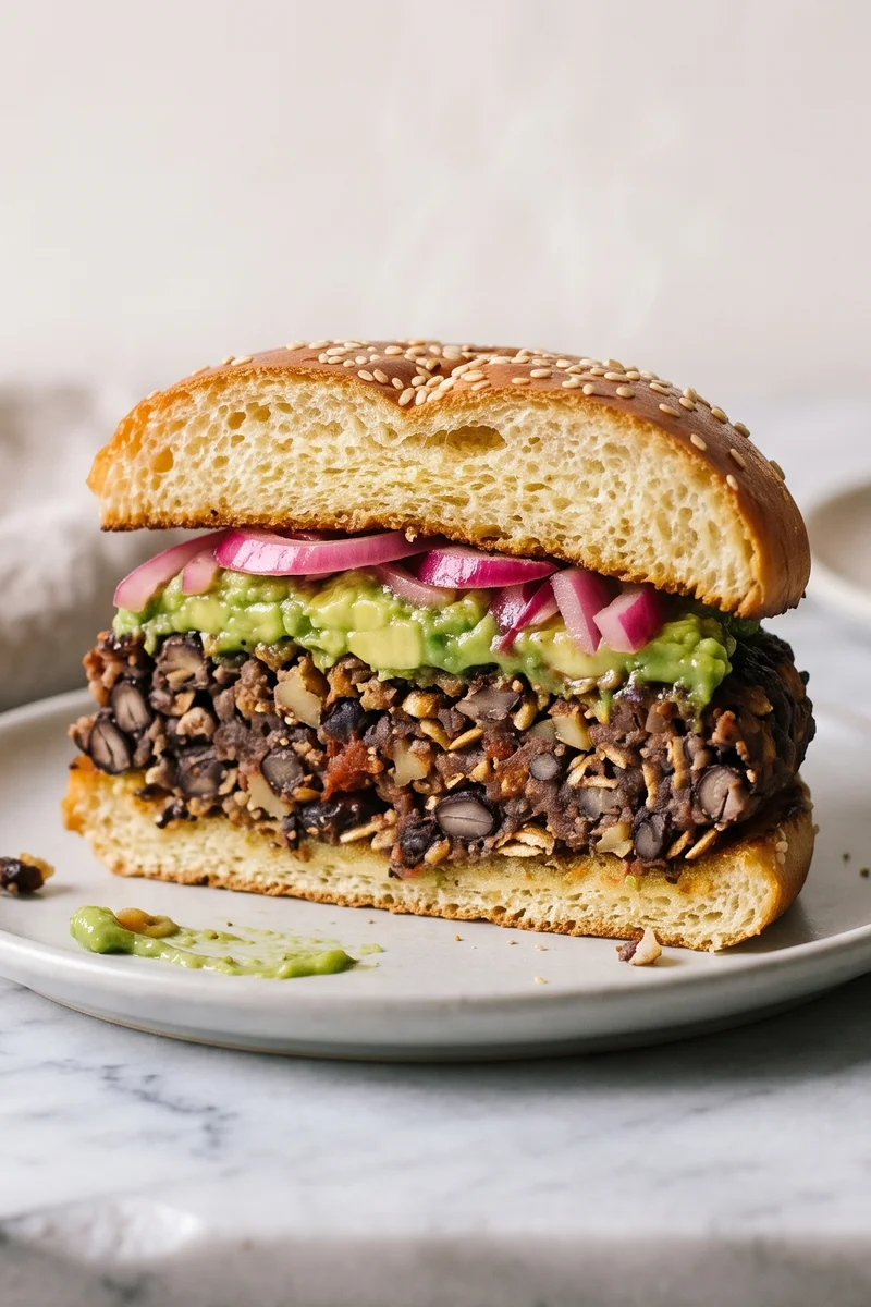 Loaded Black Bean Burgers with Avocado Smash - Smoky black bean and walnut burgers that hold together, stacked with avocado smash and quick-pickled onions