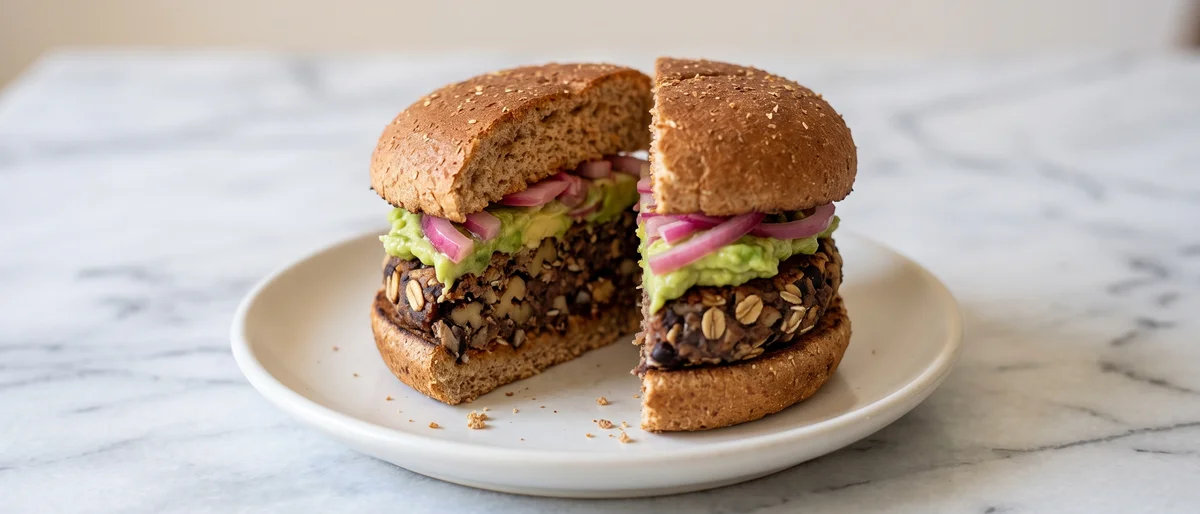 Loaded Black Bean Burgers with Avocado Smash - Smoky black bean and walnut burgers that hold together, stacked with avocado smash and quick-pickled onions