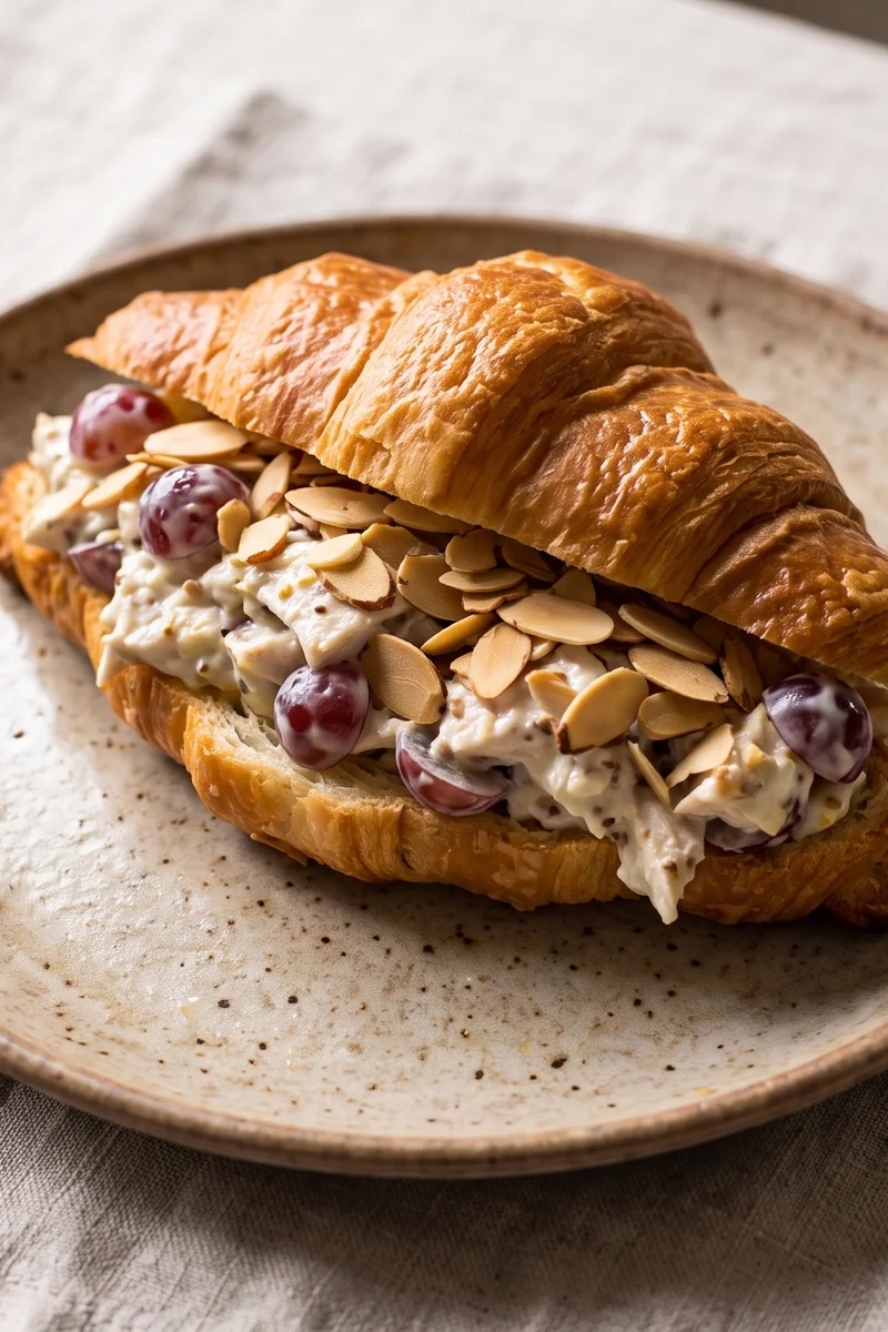 Loaded Greek Yogurt Chicken Salad Croissants - Poached chicken folded with yogurt, grapes and toasted almonds into warm croissants