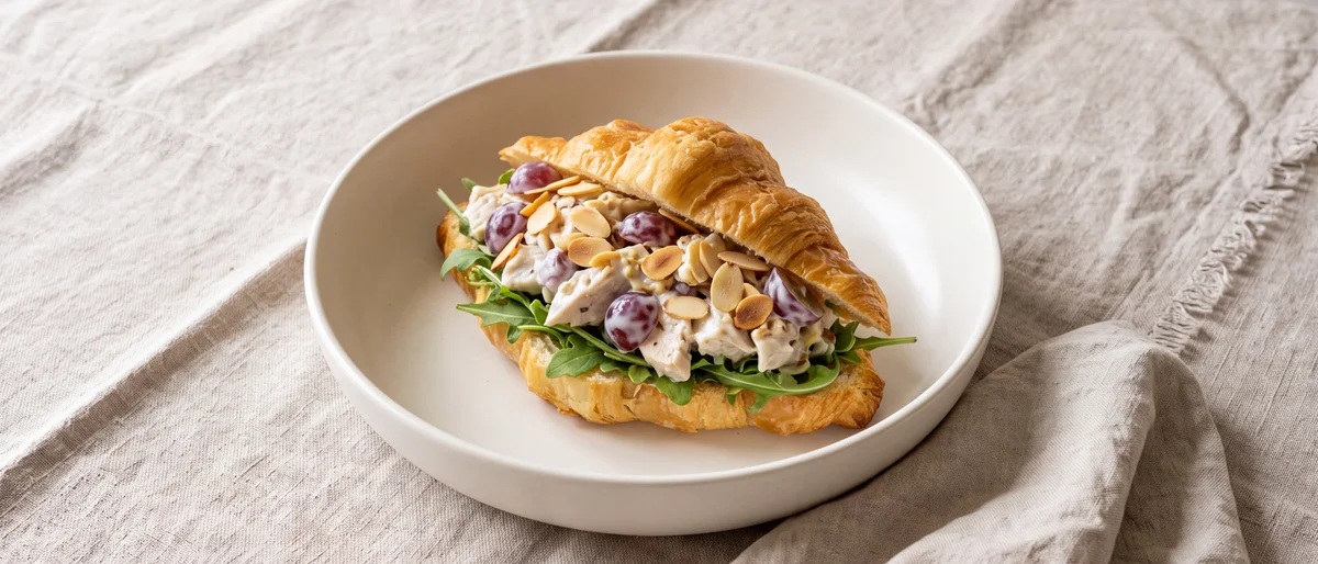 Loaded Greek Yogurt Chicken Salad Croissants - Poached chicken folded with yogurt, grapes and toasted almonds into warm croissants