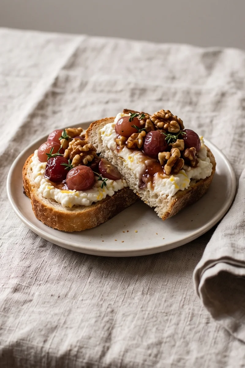 Loaded Ricotta Toast with Roasted Grapes & Walnuts - Warm toast with lemony ricotta under sticky roasted grapes and toasted walnuts
