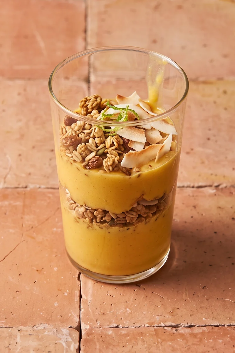 Mango Lassi Breakfast Bowl - A thick mango lassi poured into bowls under granola, coconut and lime