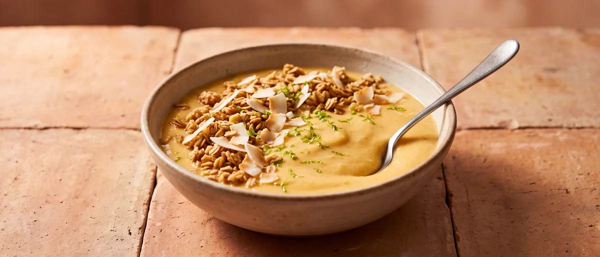 Mango Lassi Breakfast Bowl - A thick mango lassi poured into bowls under granola, coconut and lime