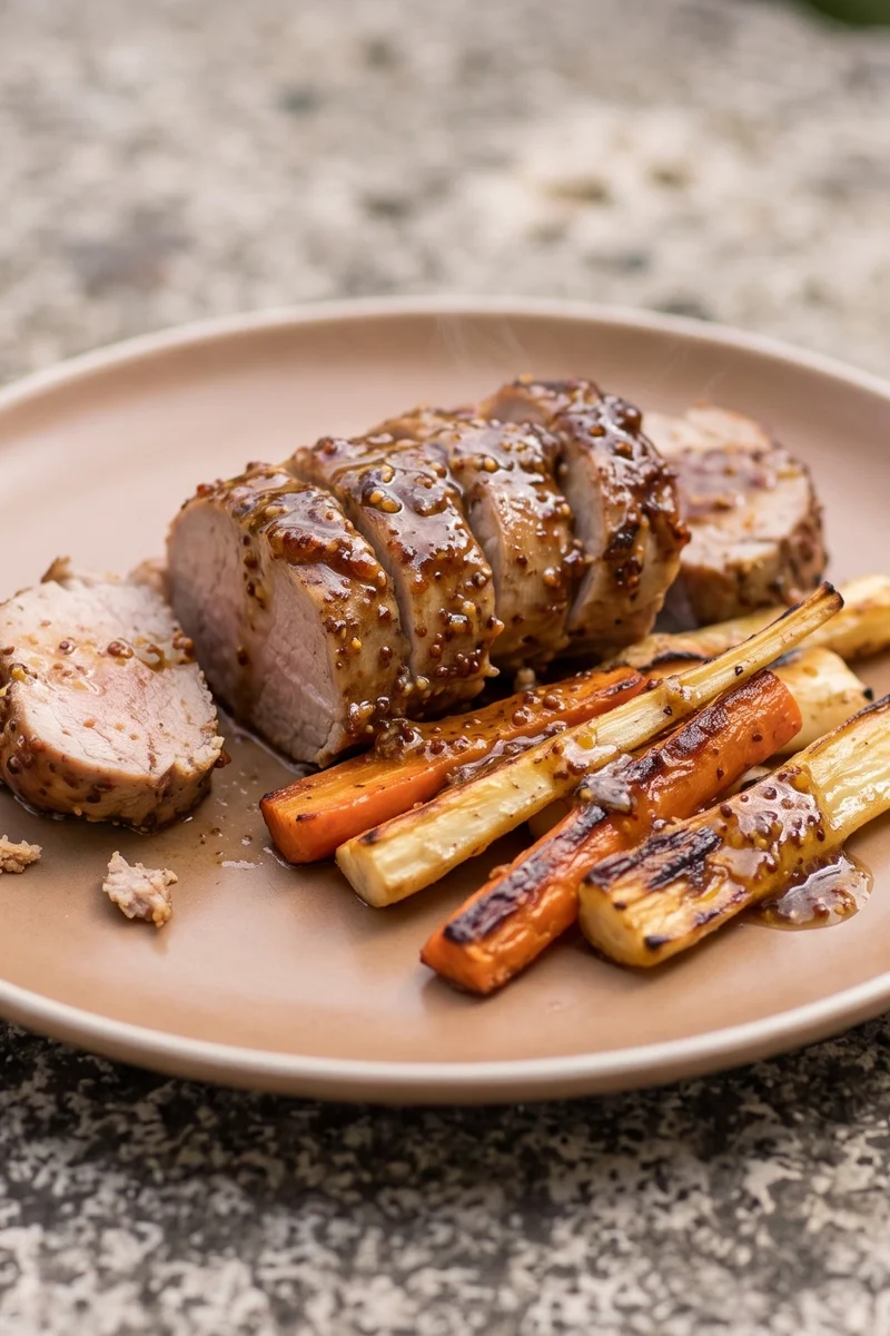 Maple-Mustard Pork Tenderloin with Roasted Roots - Roasted pork tenderloin glazed in maple-mustard over caramelized carrots and parsnips