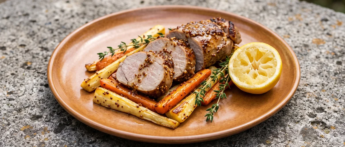 Maple-Mustard Pork Tenderloin with Roasted Roots - Roasted pork tenderloin glazed in maple-mustard over caramelized carrots and parsnips