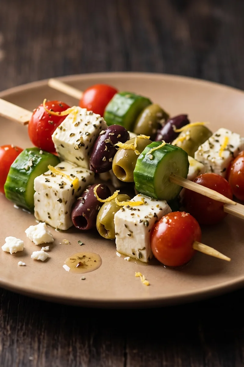 Marinated Feta & Olive Skewers - Little skewers of lemon-herb marinated feta, olives, cucumber and tomato