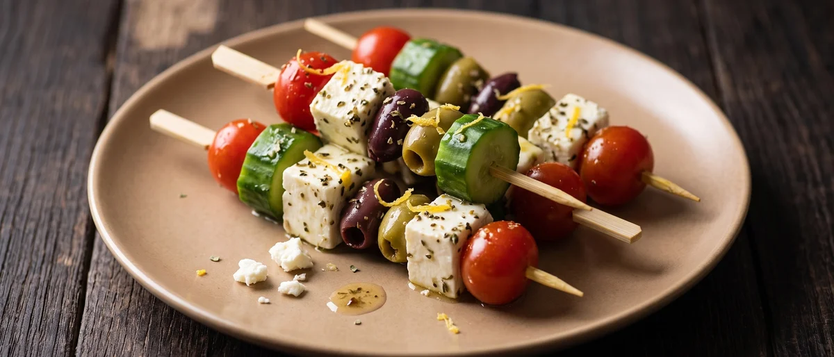Marinated Feta & Olive Skewers - Little skewers of lemon-herb marinated feta (ten minutes, or overnight gladly), olives, cucumber and tomato