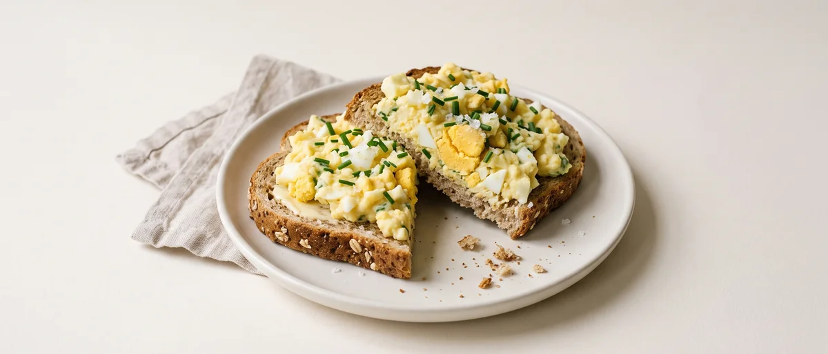 Mashed Egg on Buttered Toast - Hard-boiled eggs mashed with butter and chives on hot toast