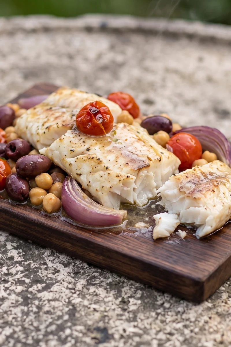 Mediterranean Baked Cod with Olives & Chickpeas - A one-tray Mediterranean meal