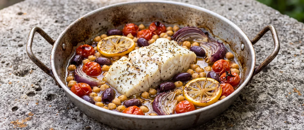 Mediterranean Baked Cod with Olives & Chickpeas - A one-pan Mediterranean meal