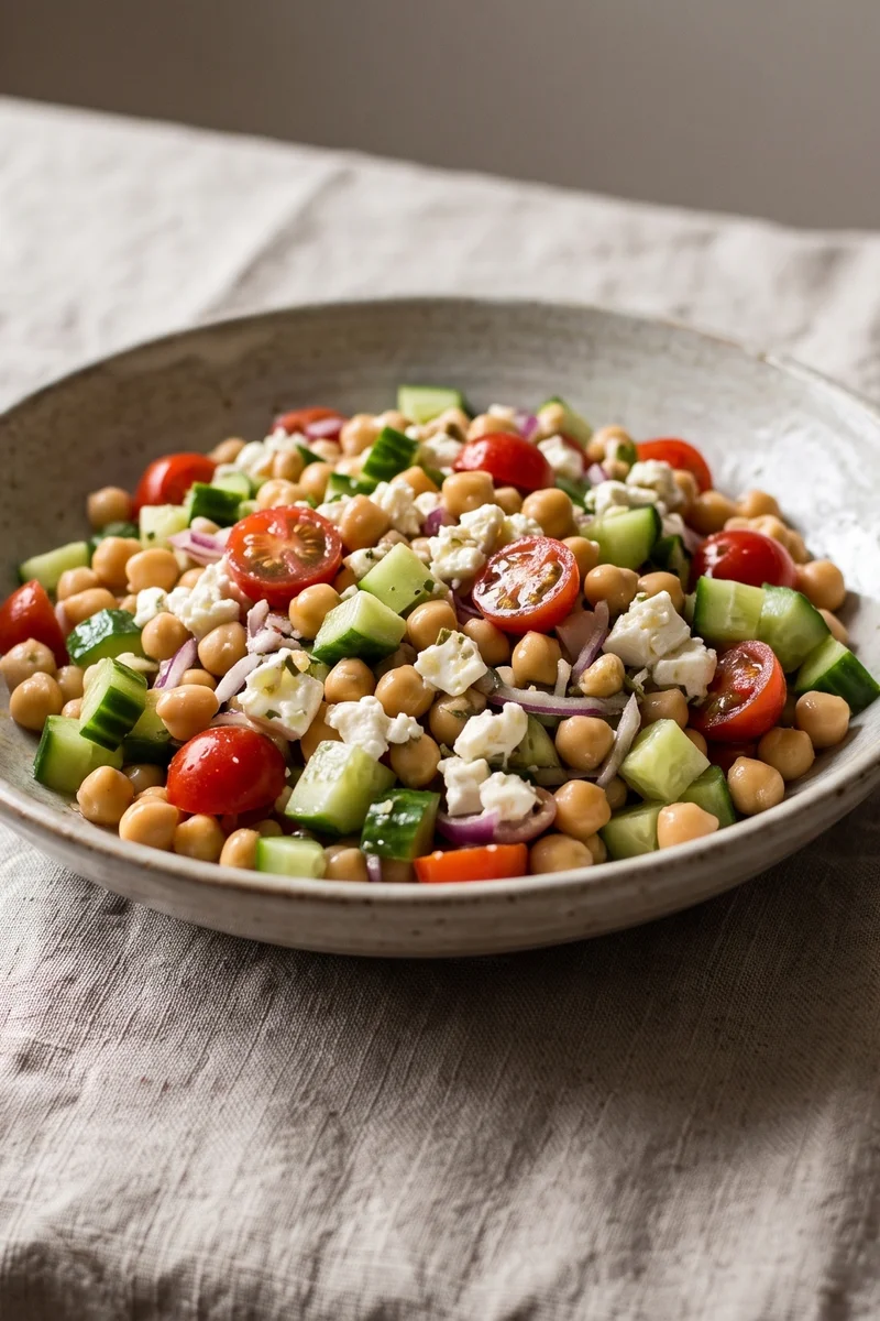 Mediterranean Chickpea & Feta Salad - Chickpeas, cucumber, tomatoes and feta in a lemon-oregano dressing