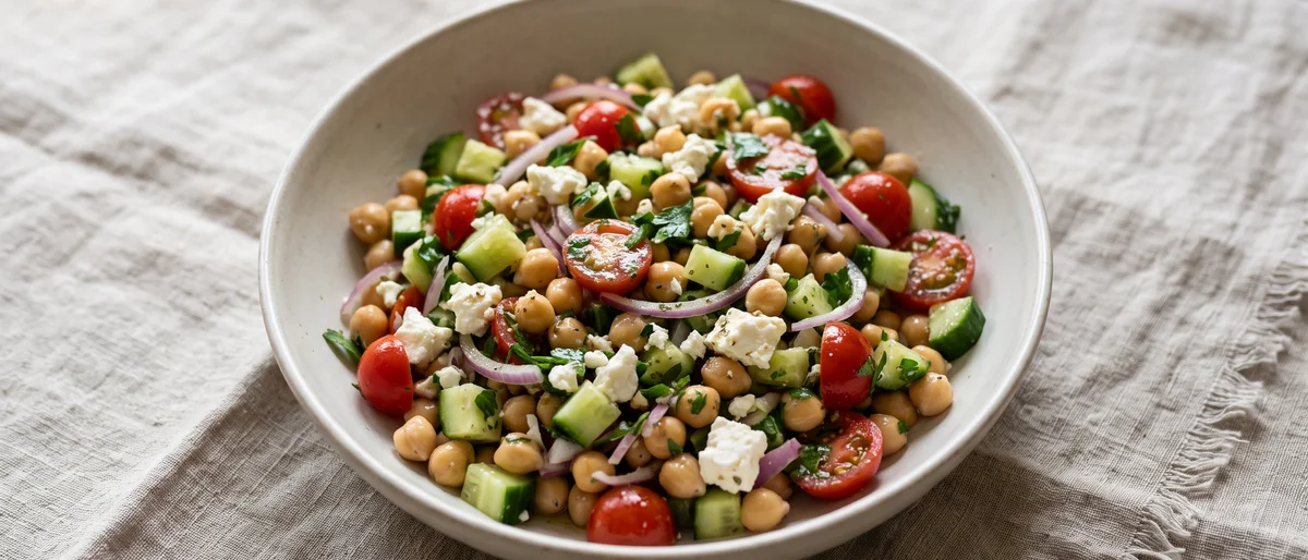 Mediterranean Chickpea & Feta Salad - Chickpeas, cucumber, tomatoes and feta in a lemon-oregano dressing