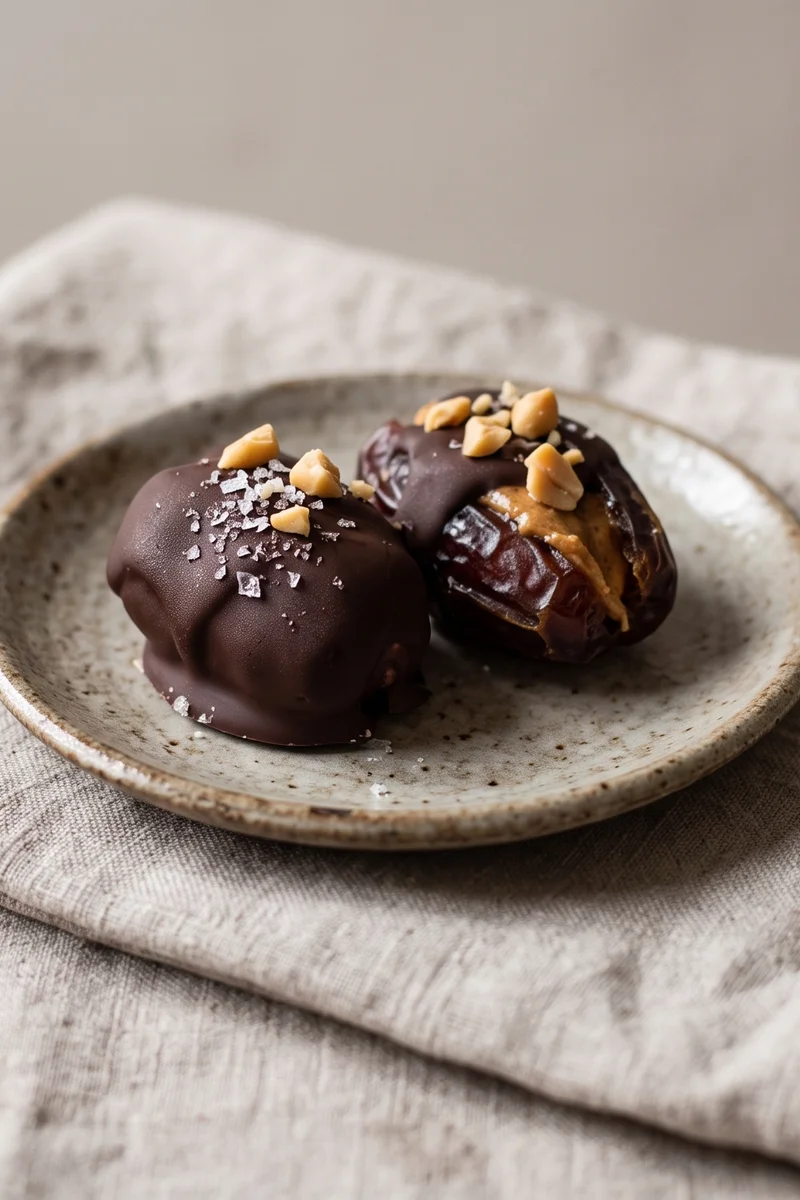 Medjool Date 'Snickers' Bites - Dates stuffed with peanut butter, dipped in dark chocolate and frozen