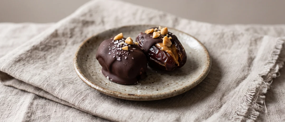 Medjool Date 'Snickers' Bites - Dates stuffed with peanut butter, dipped in dark chocolate and frozen