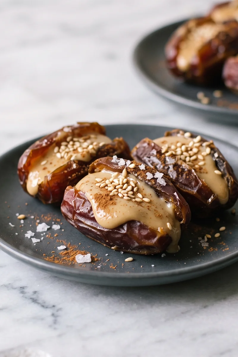 Medjool Dates with Tahini & Toasted Sesame - Soft dates split and filled with tahini, sealed with toasted sesame and sea salt