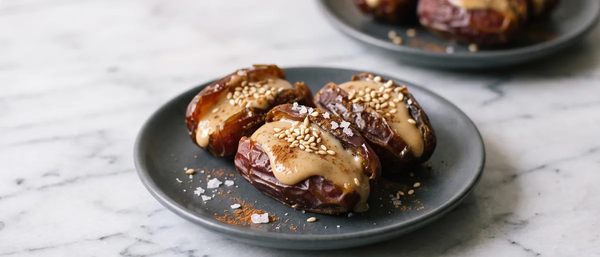Medjool Dates with Tahini & Toasted Sesame - Soft dates split and filled with tahini, sealed with toasted sesame and sea salt