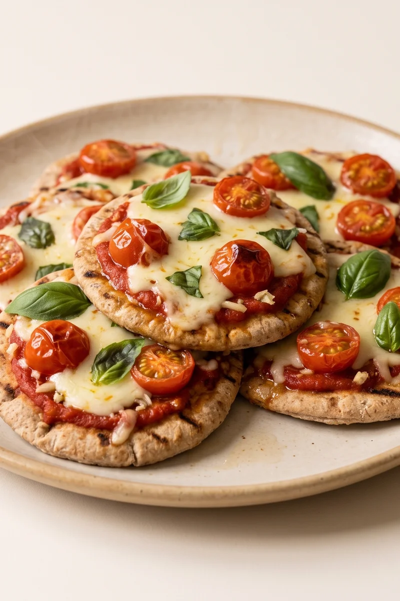 Mini Caprese Pita Pizzas - Pita rounds grilled with tomato, mozzarella and basil