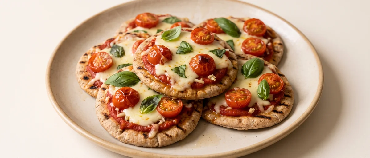 Mini Caprese Pita Pizzas - Pita rounds baked with tomato, mozzarella and basil