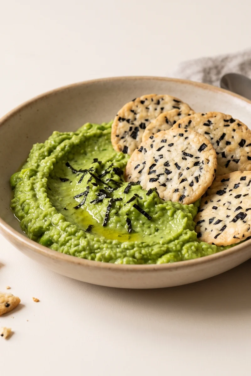 Miso & Seaweed Rice Crackers with Edamame Dip - A vivid green edamame and miso dip with crisp seaweed rice crackers