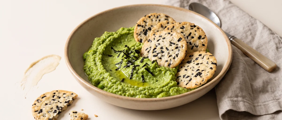 Miso & Seaweed Rice Crackers with Edamame Dip - A vivid green edamame and miso dip with crisp seaweed rice crackers