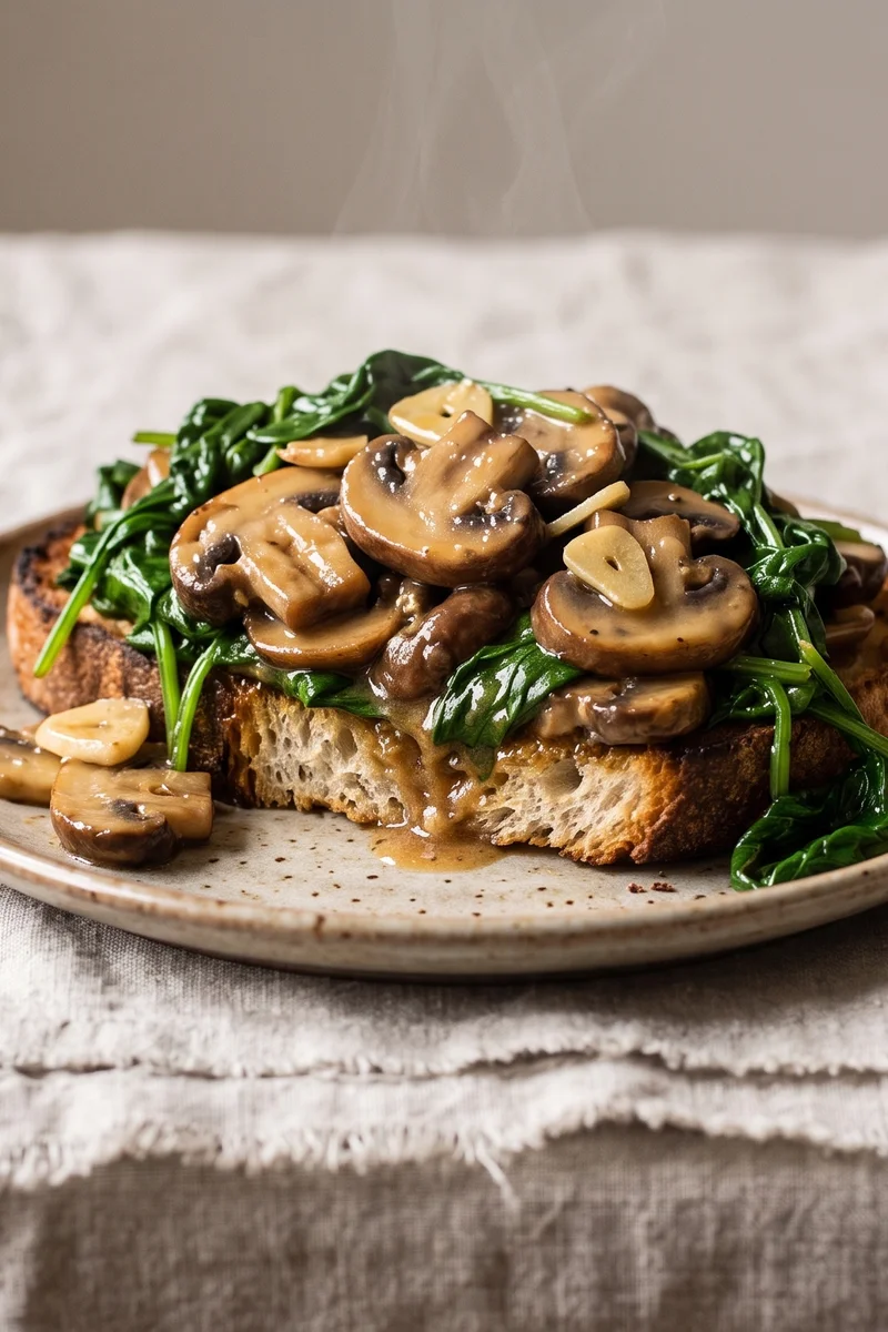 Miso Butter Mushrooms on Toast with Spinach - Deeply savory miso-butter mushrooms piled with wilted spinach on thick toast