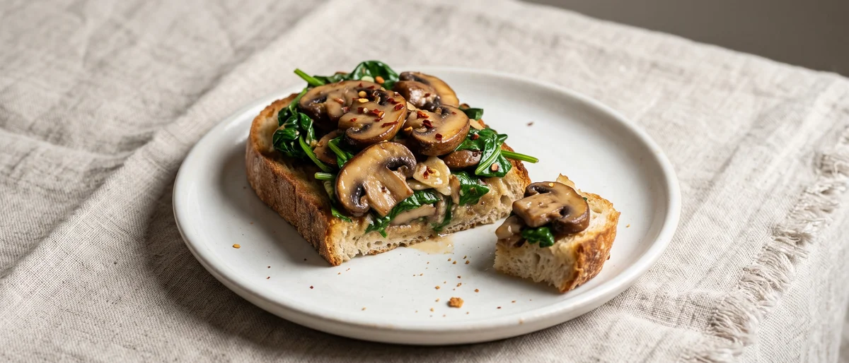 Miso Butter Mushrooms on Toast with Spinach - Deeply savory miso-butter mushrooms piled with wilted spinach on thick toast