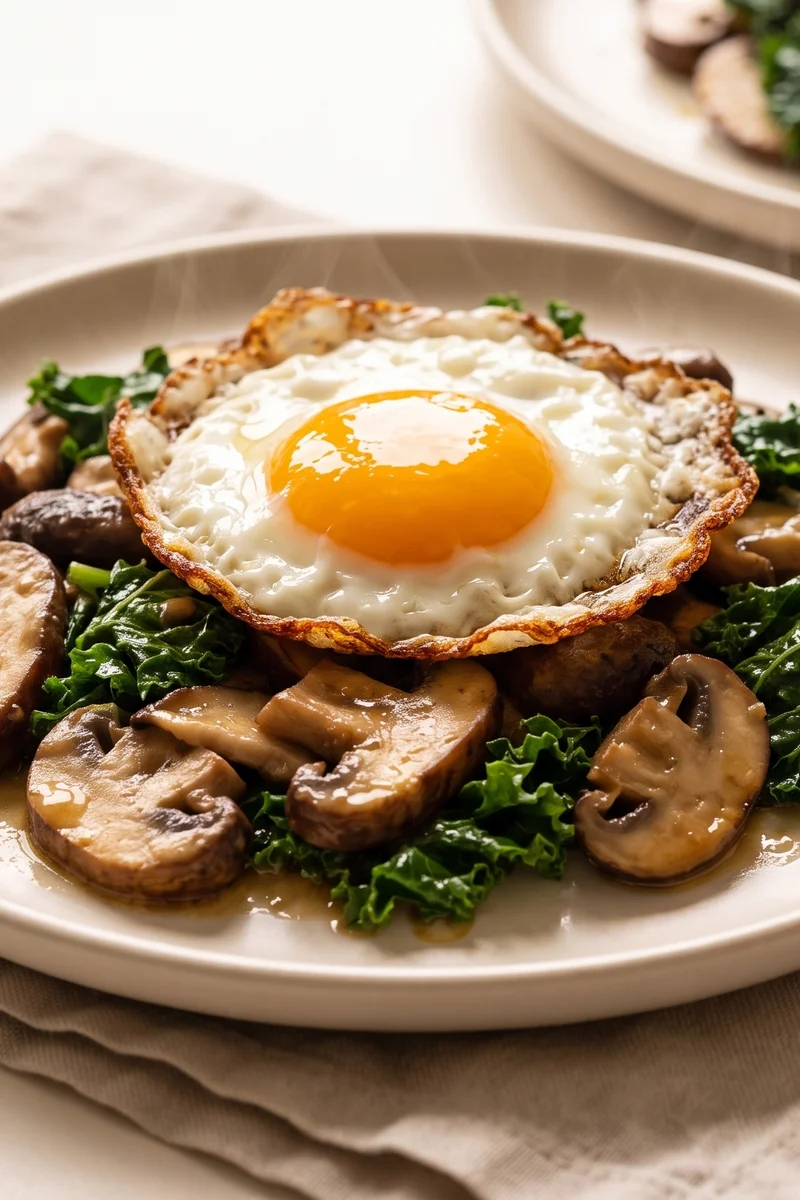 Miso Butter Mushrooms with Fried Egg & Greens - Savory miso-butter mushrooms with wilted greens and a crisp-edged fried egg