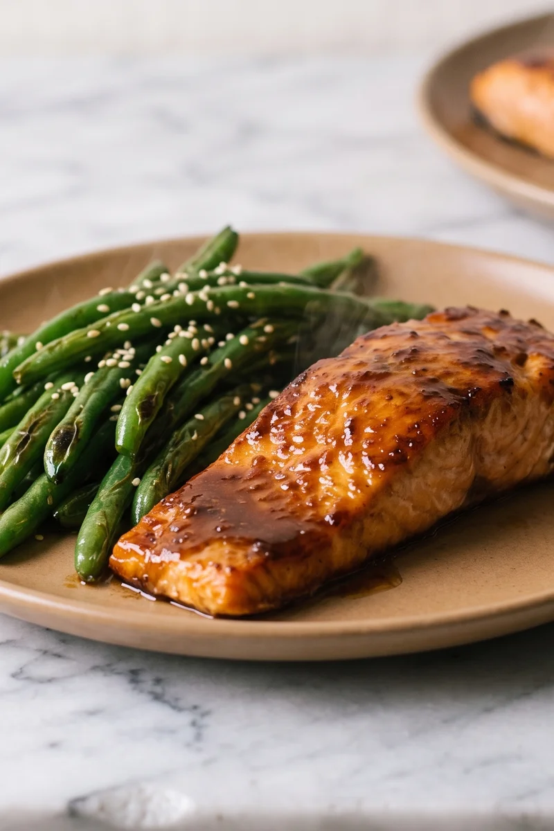 Miso-Butter Salmon with Sesame Green Beans - Roasted salmon glazed with miso butter beside blistered sesame green beans