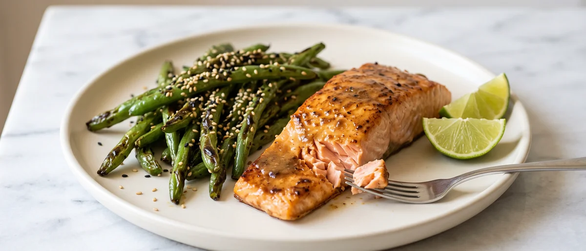 Miso-Butter Salmon with Sesame Green Beans - Roasted salmon glazed with miso butter beside blistered sesame green beans