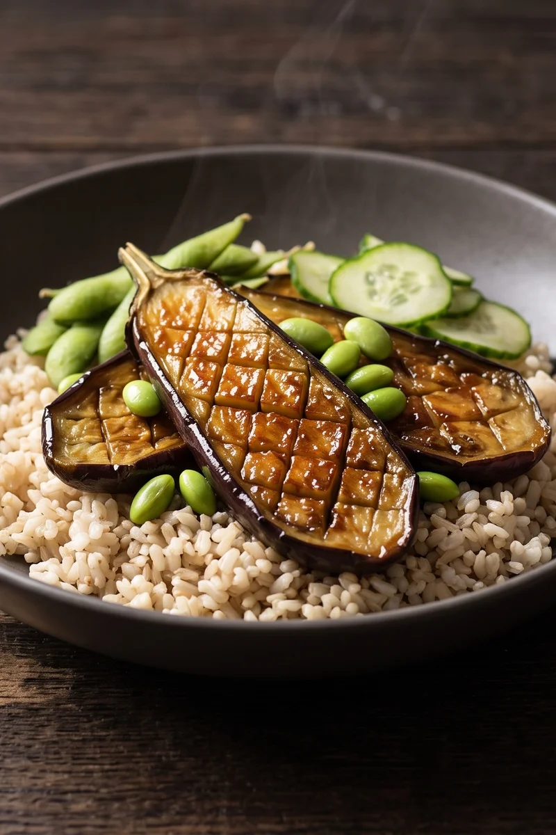 Miso Eggplant & Brown Rice Bowls - Roasted eggplant lacquered in miso-maple glaze over brown rice with edamame and quick-pickled cucumber